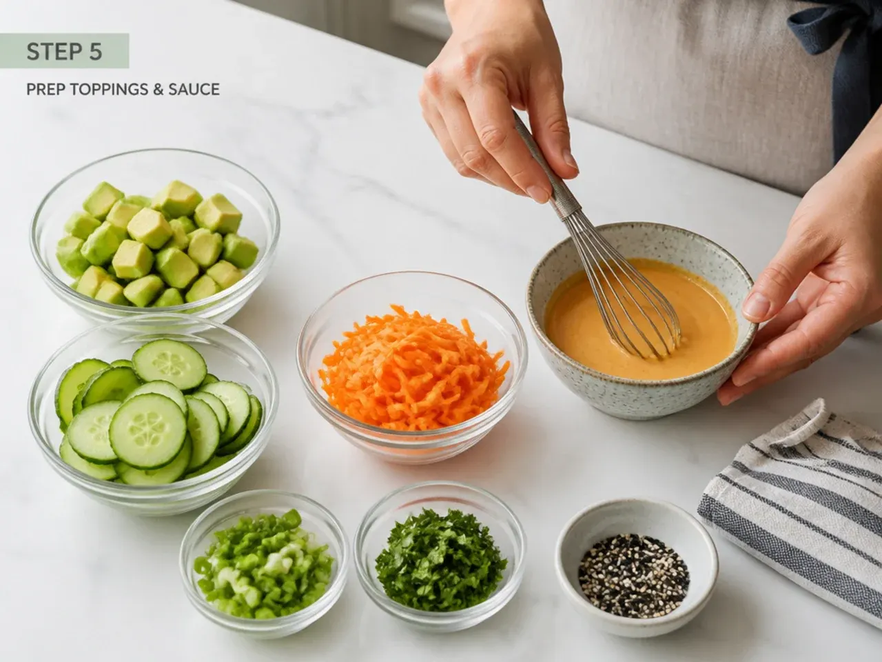 sushi bowl meal prep — step 5: prep toppings and sauce