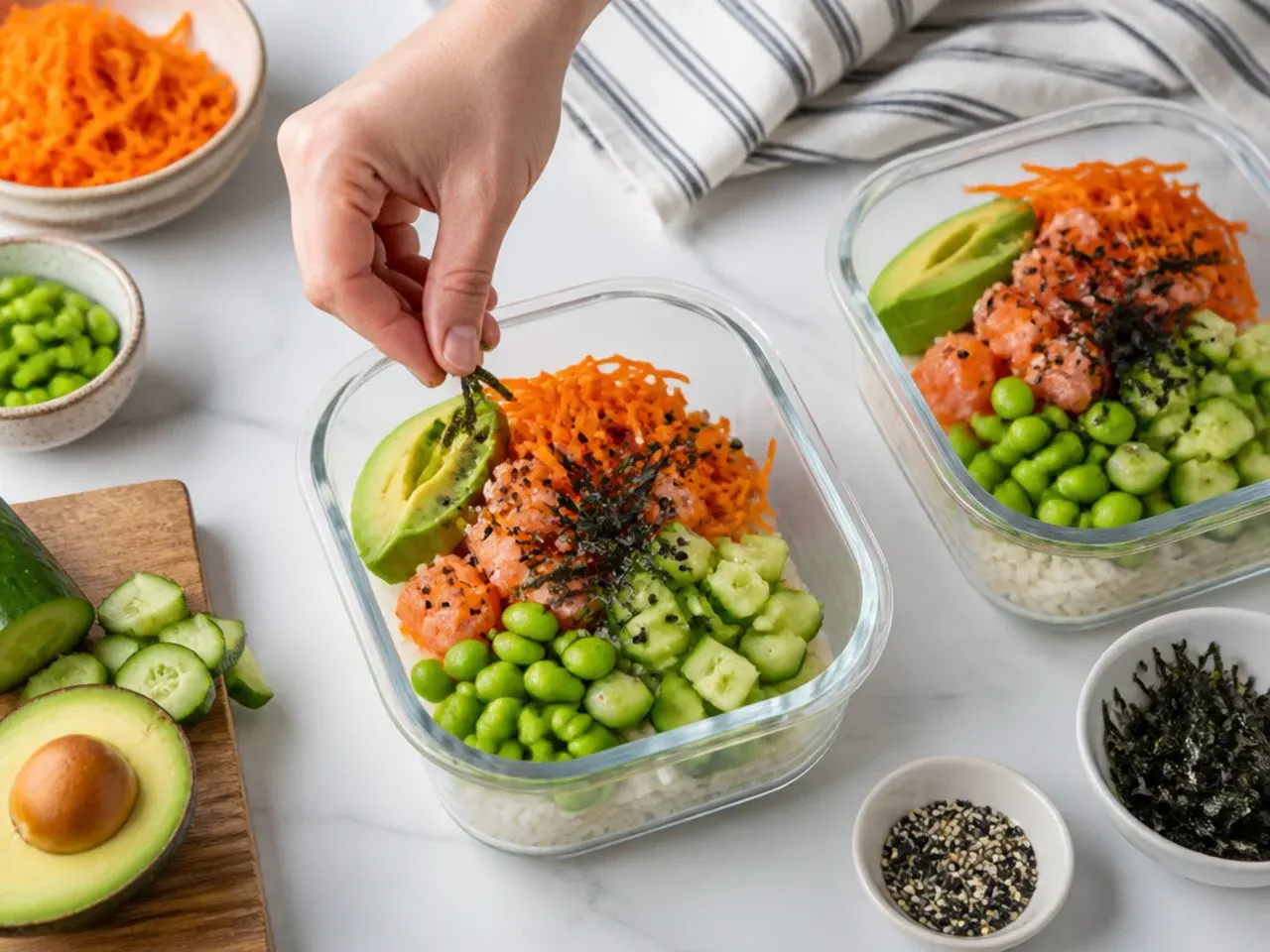 sushi bowl meal prep — step 6: assemble the meal prep bowls