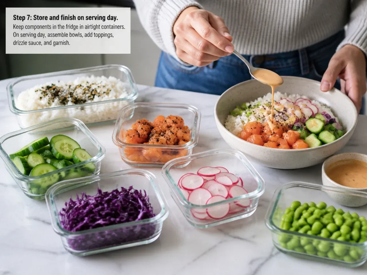sushi bowl meal prep — step 7: store and finish on serving day