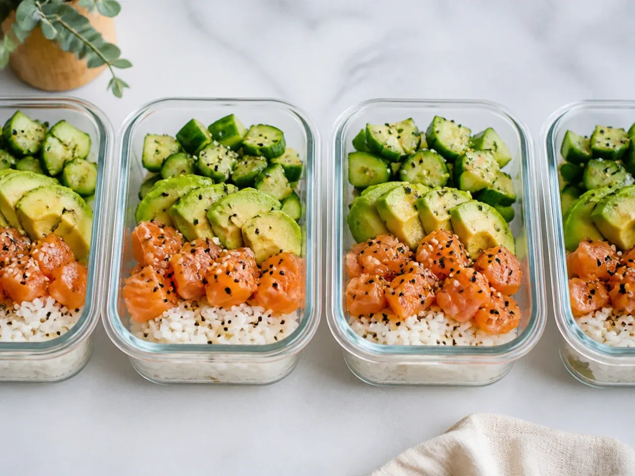 Row of sushi bowl meal prep containers with rice, salmon, cucumber, and avocado