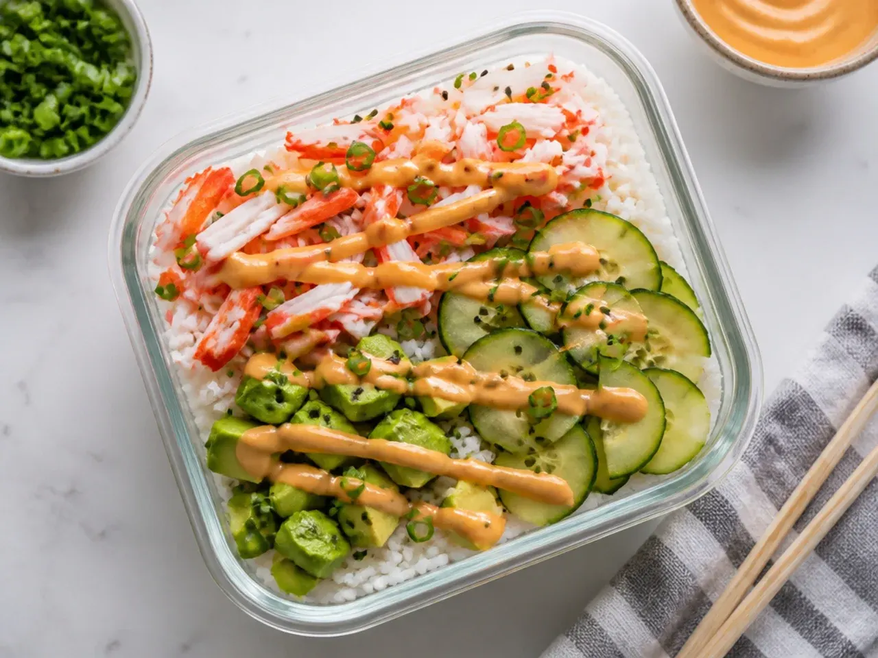 Classic California sushi bowl meal prep with imitation crab, cucumber, and sriracha mayo