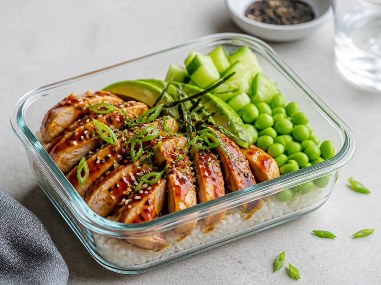 Easy teriyaki chicken sushi bowl meal prep with edamame and scallions