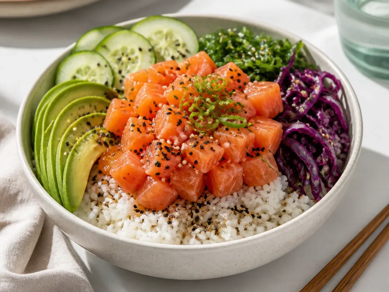 Elegant salmon poke sushi bowl with cubed sashimi-grade salmon over seasoned rice