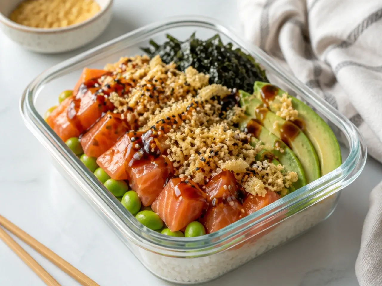 Playful crunchy sushi bowl meal prep topped with tempura flakes and sweet soy glaze