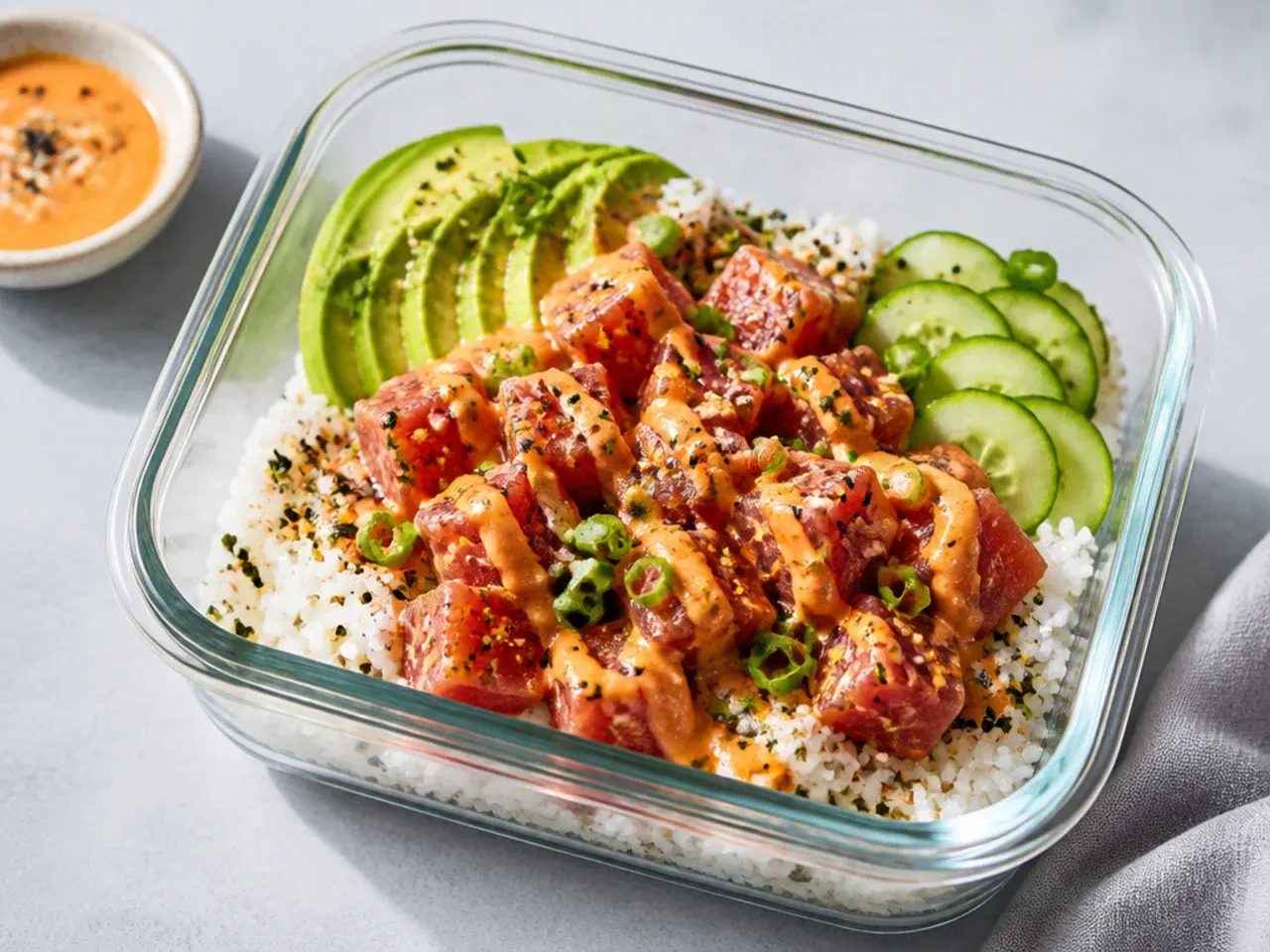Modern spicy tuna sushi bowl meal prep with sriracha mayo and togarashi