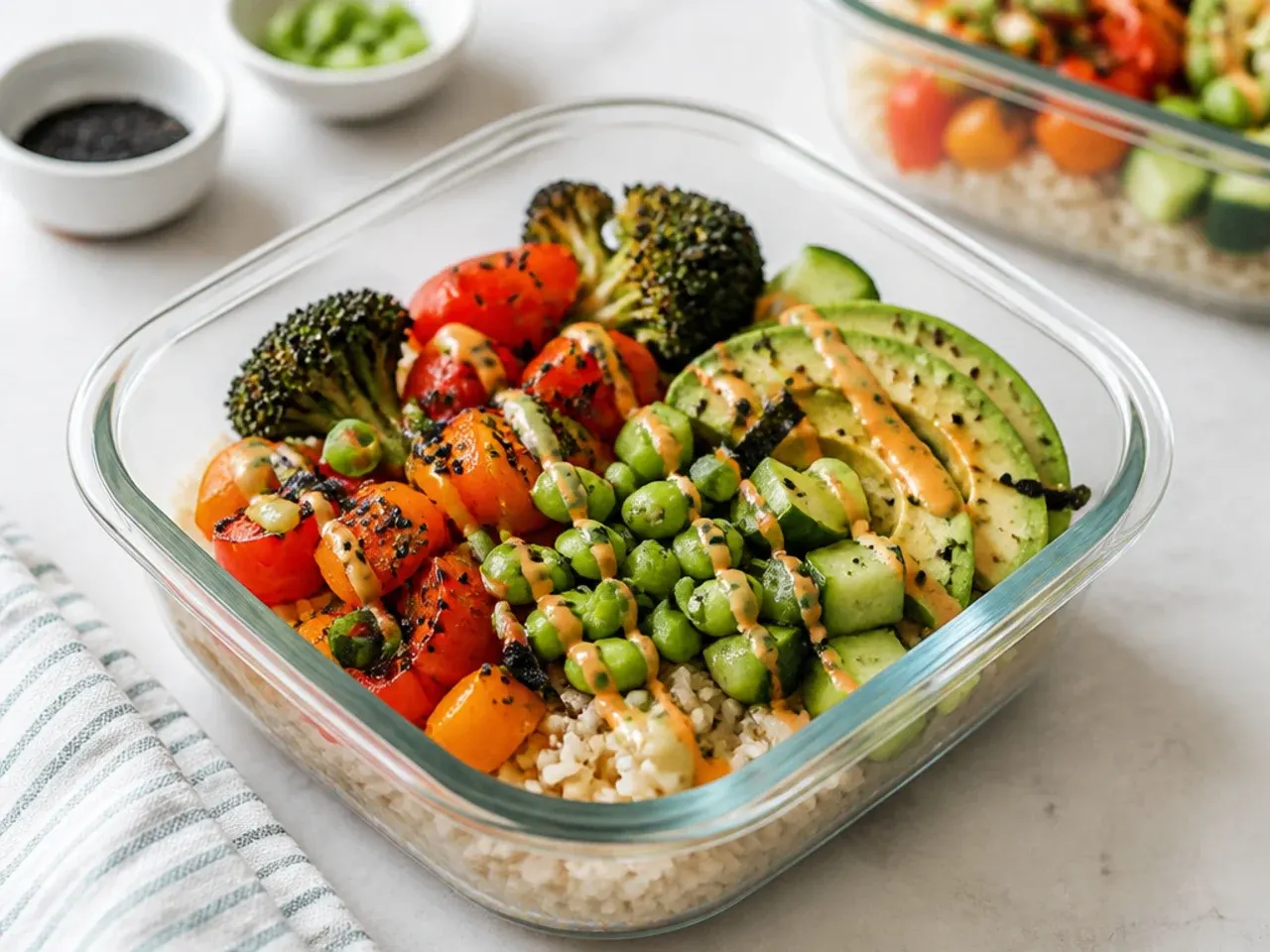 Rustic brown rice sushi bowl meal prep with charred broccoli and bell pepper