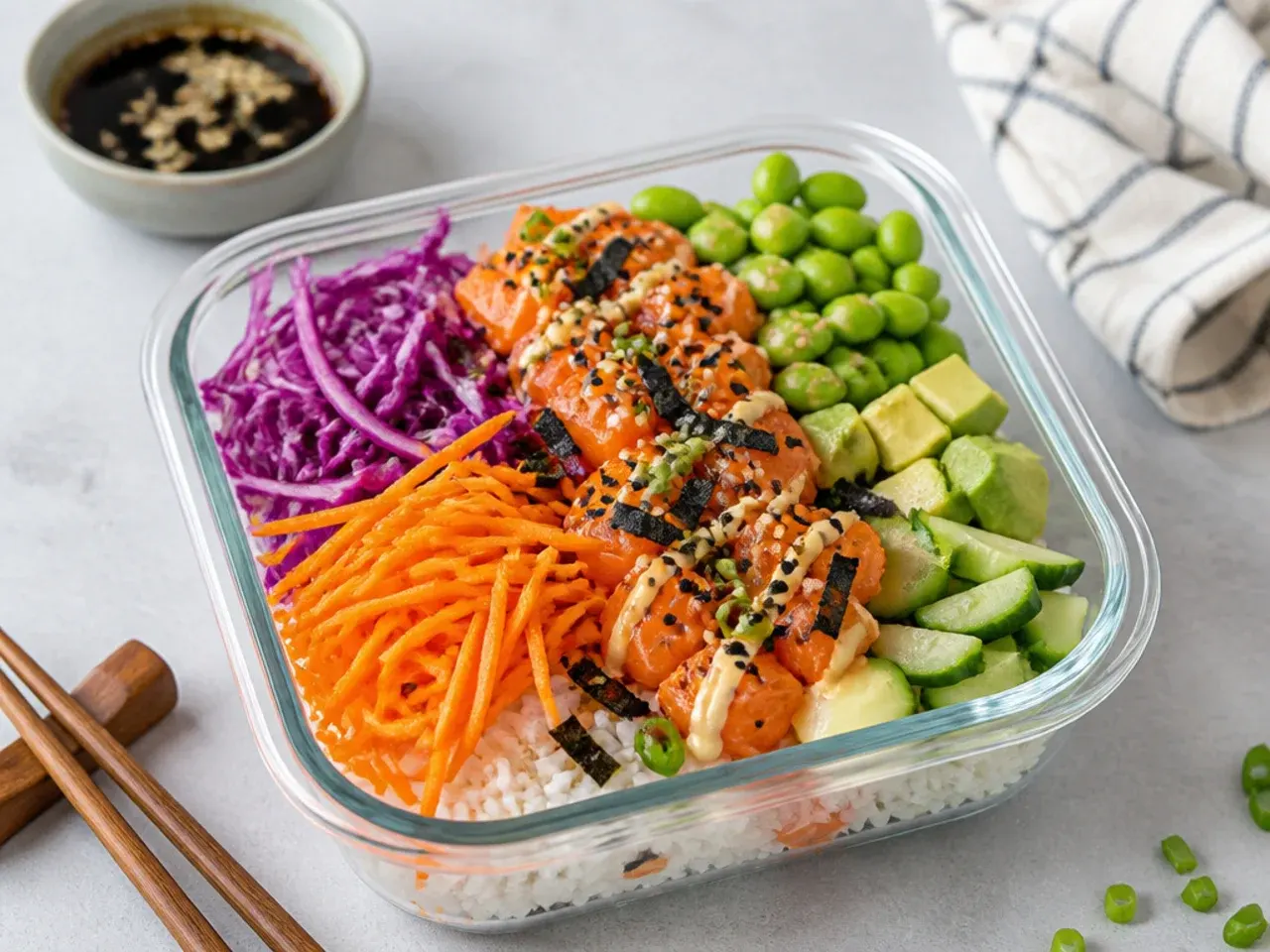 Colorful rainbow veggie sushi bowl meal prep with purple cabbage, carrot, and edamame