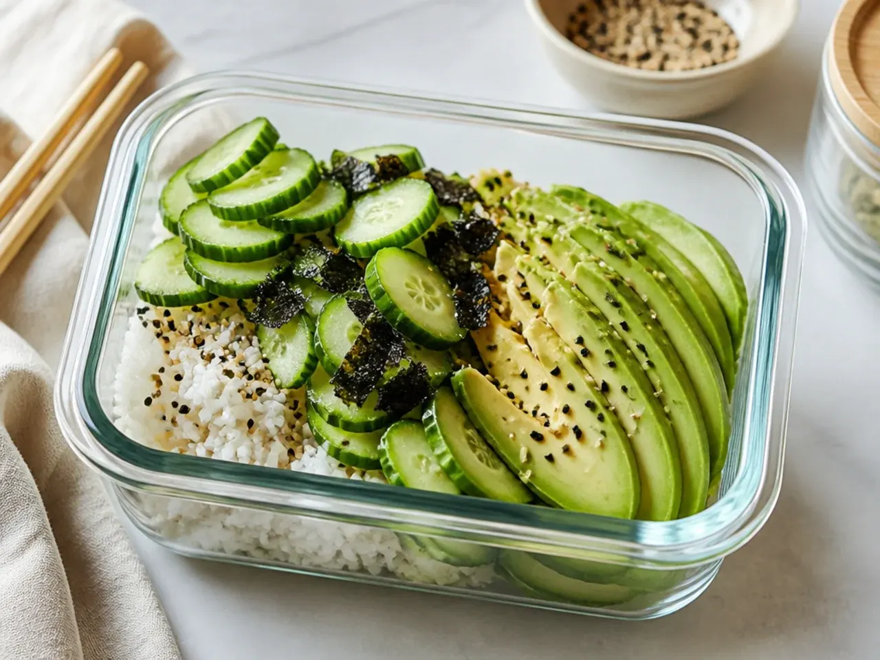 Minimal cucumber and avocado sushi bowl meal prep with sesame seeds