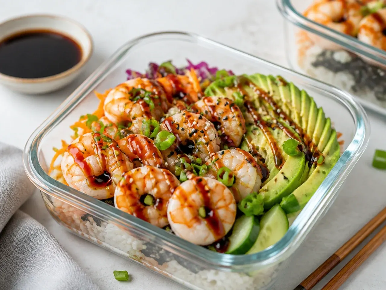 Festive dragon-roll-inspired shrimp sushi bowl meal prep with avocado fan and eel glaze