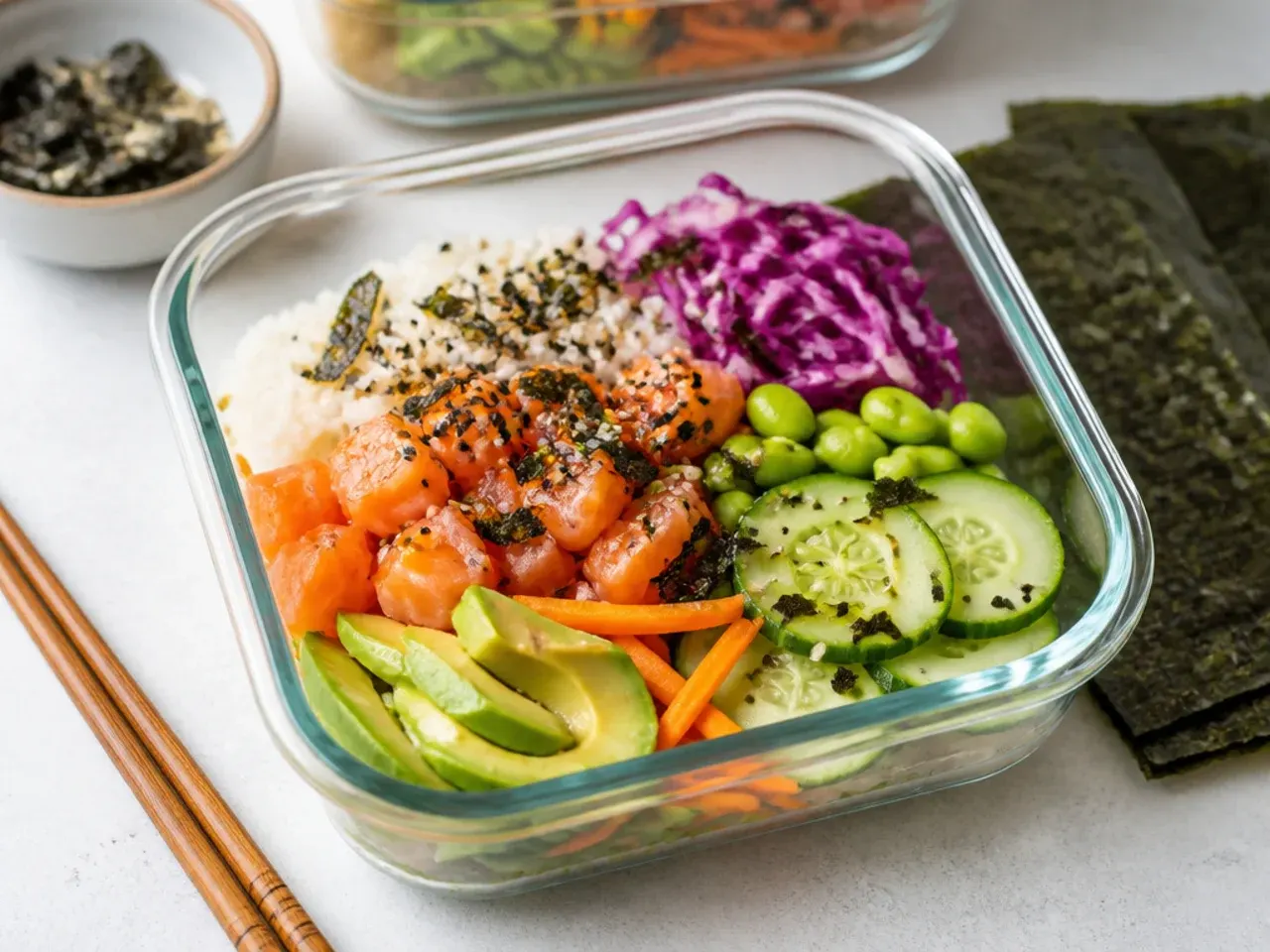 Whimsical deconstructed hand roll sushi bowl meal prep with crisp nori sheets on the side