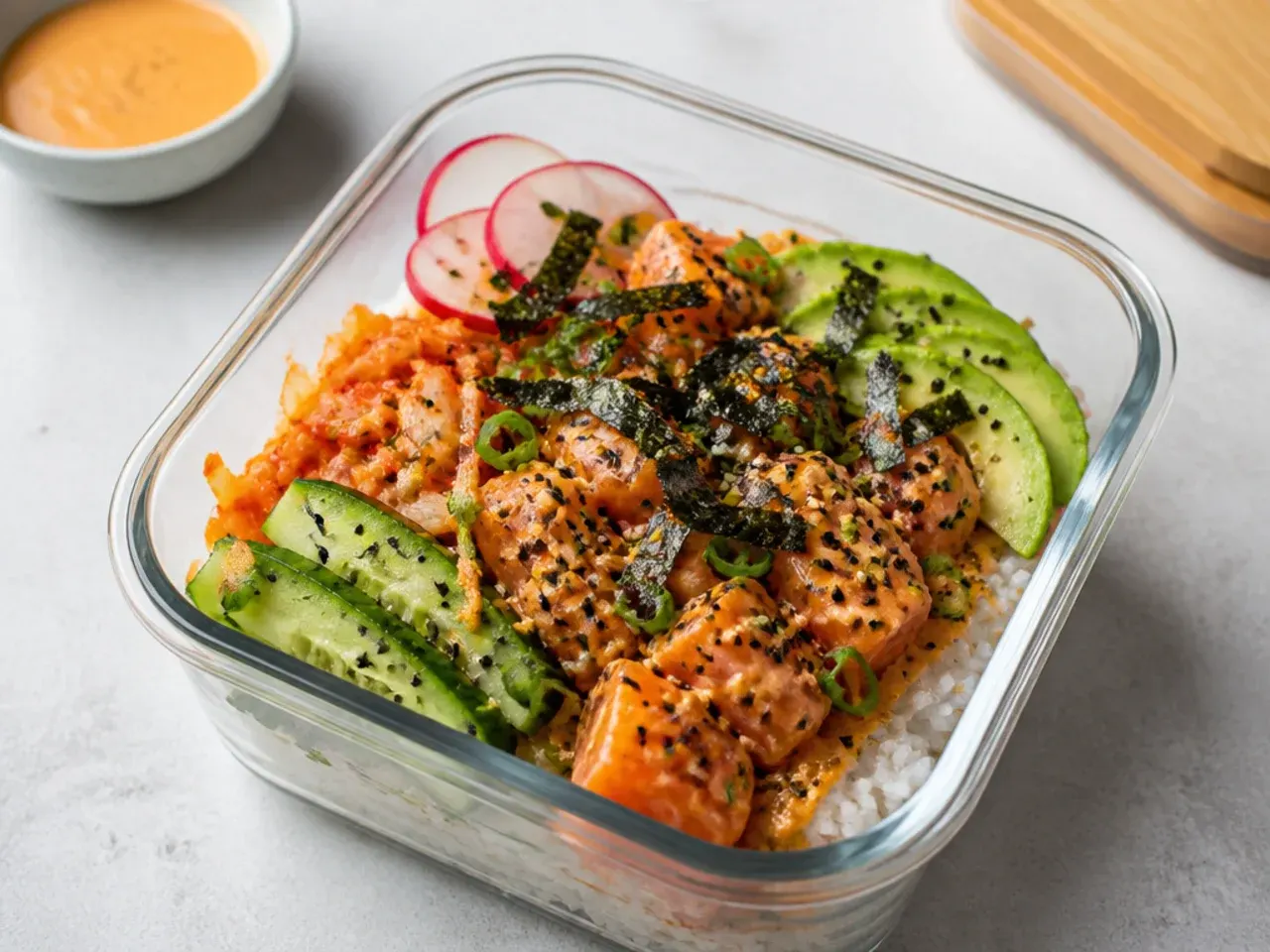 Bold spicy salmon and kimchi sushi bowl meal prep with gochujang mayo
