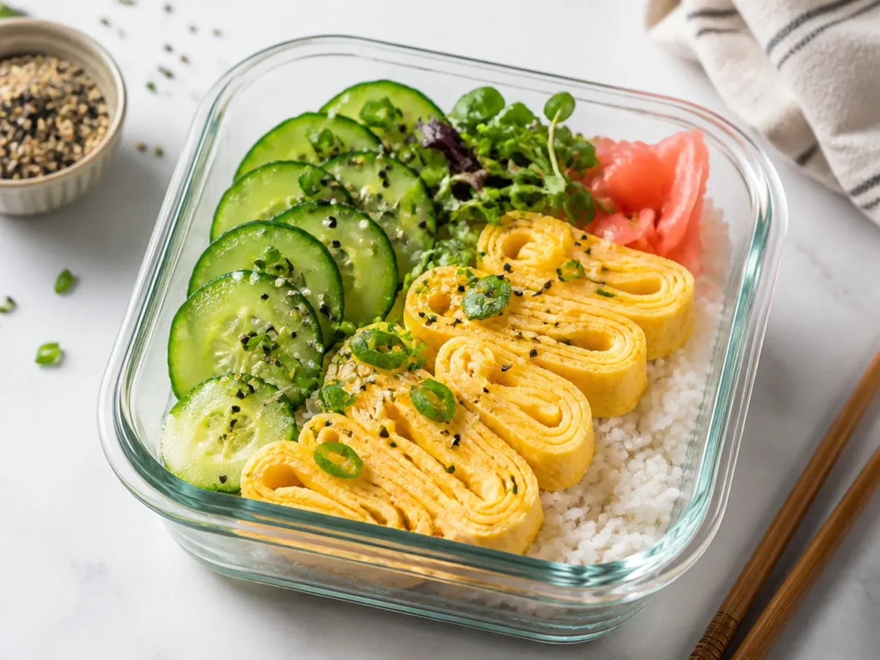 Delicate tamago and cucumber sushi bowl meal prep with sweet rolled omelet ribbons