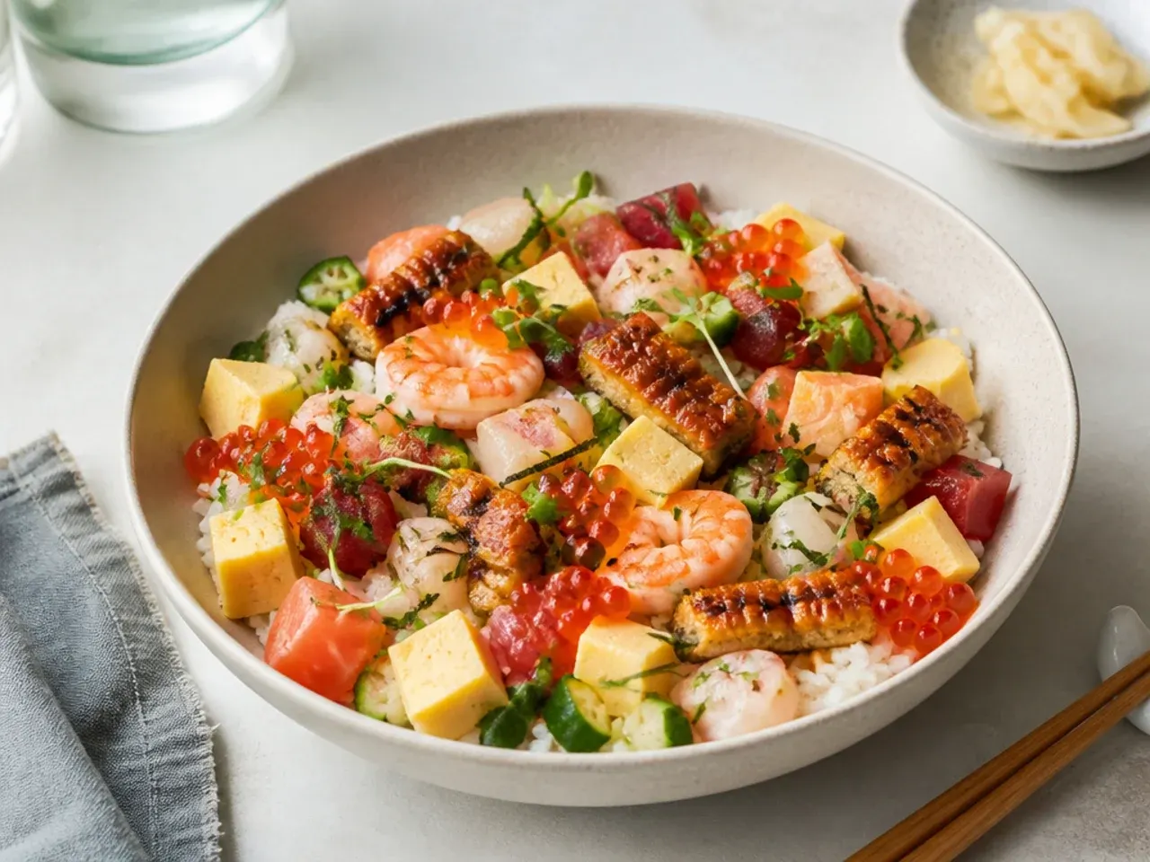 Vintage chirashi-style scattered sushi bowl meal prep with mixed cooked toppings