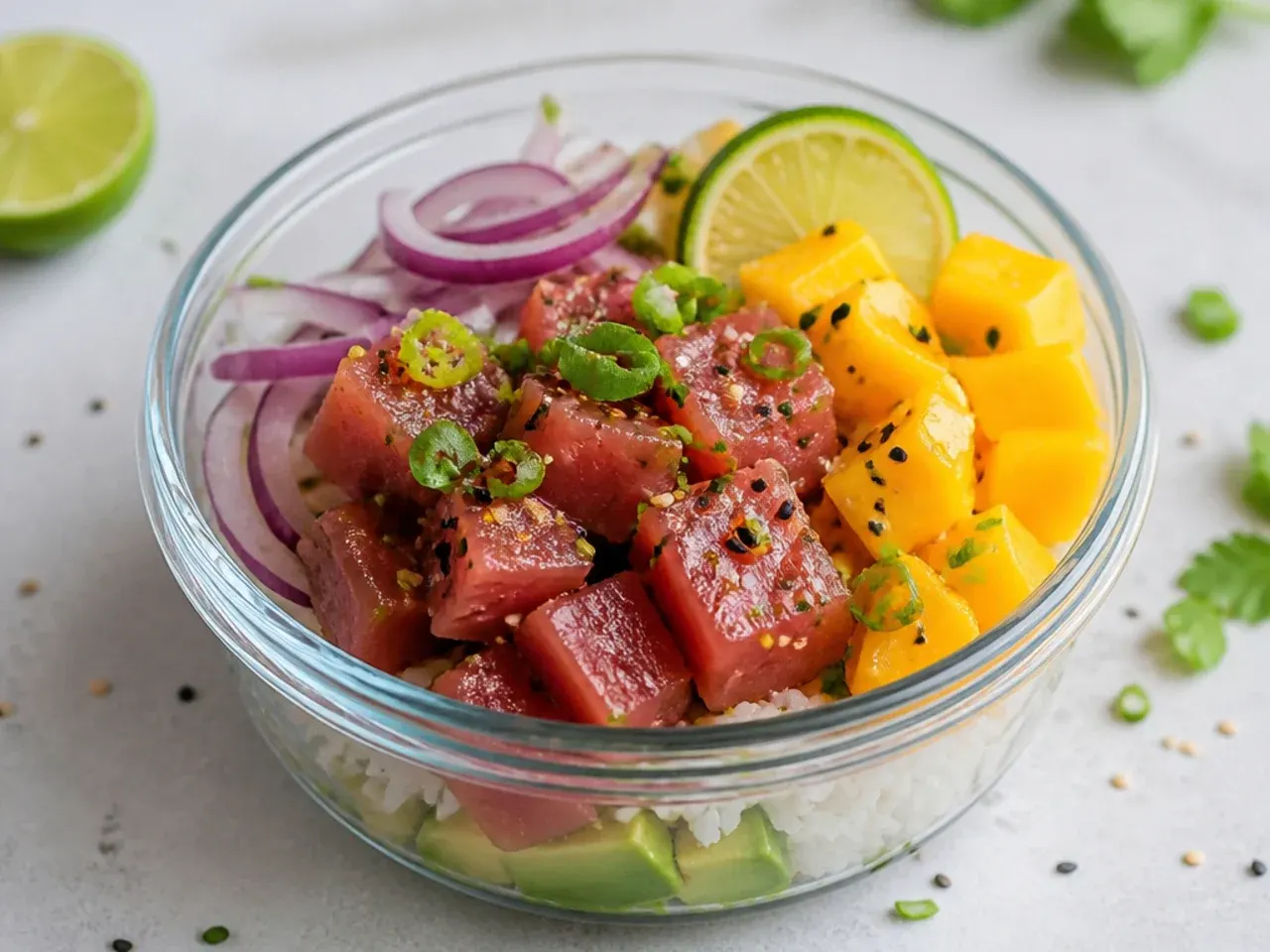 Creative poke-fusion mango sushi bowl meal prep with tuna, red onion, and lime