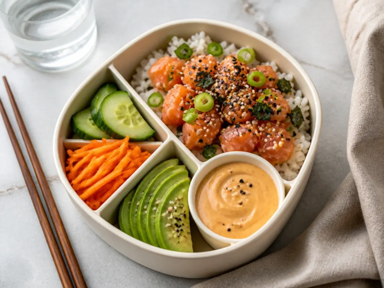Charming mini bento-style sushi bowl meal prep with divided compartments and sriracha mayo