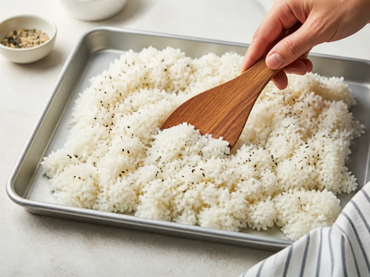Pro tips for sushi bowl meal prep showing rice being folded with a paddle on a sheet pan