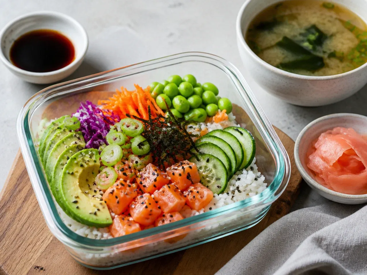 Sushi bowl meal prep served with miso soup, pickled ginger, and soy sauce on the side