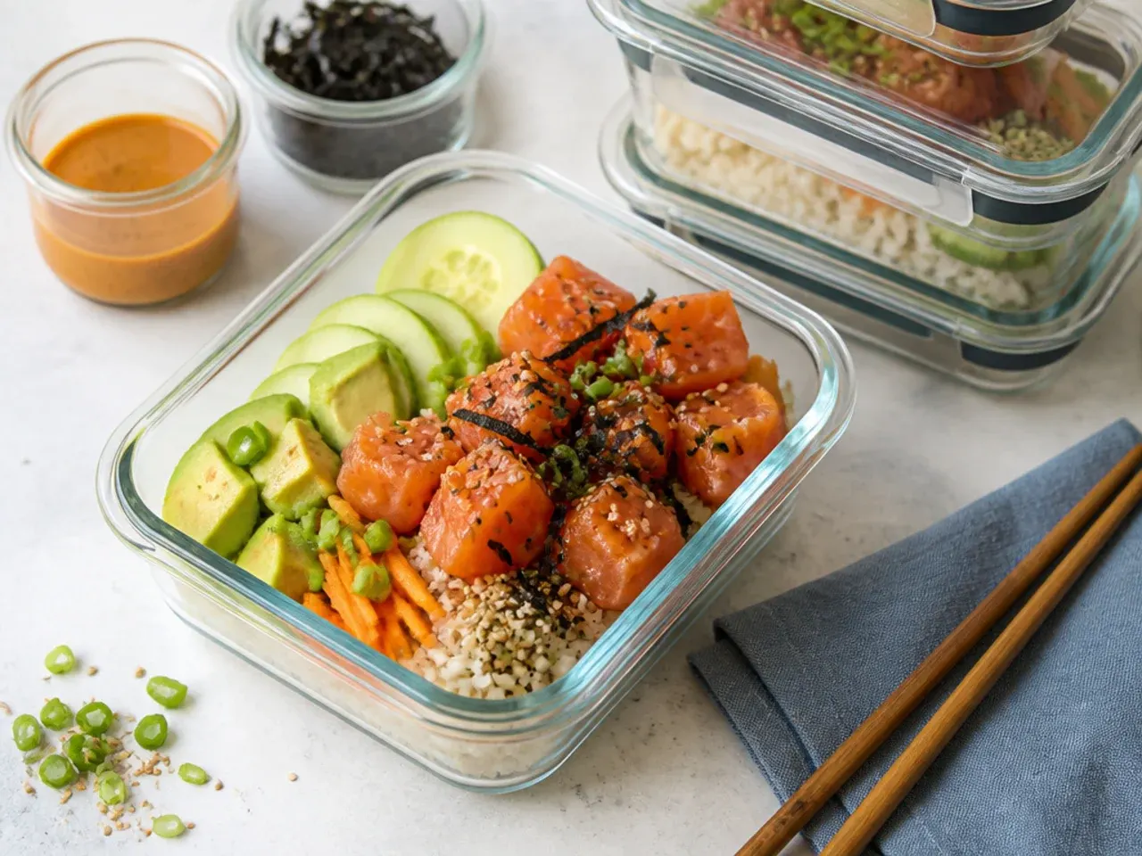 Sushi bowl meal prep stored in airtight containers with sauce and nori kept separate