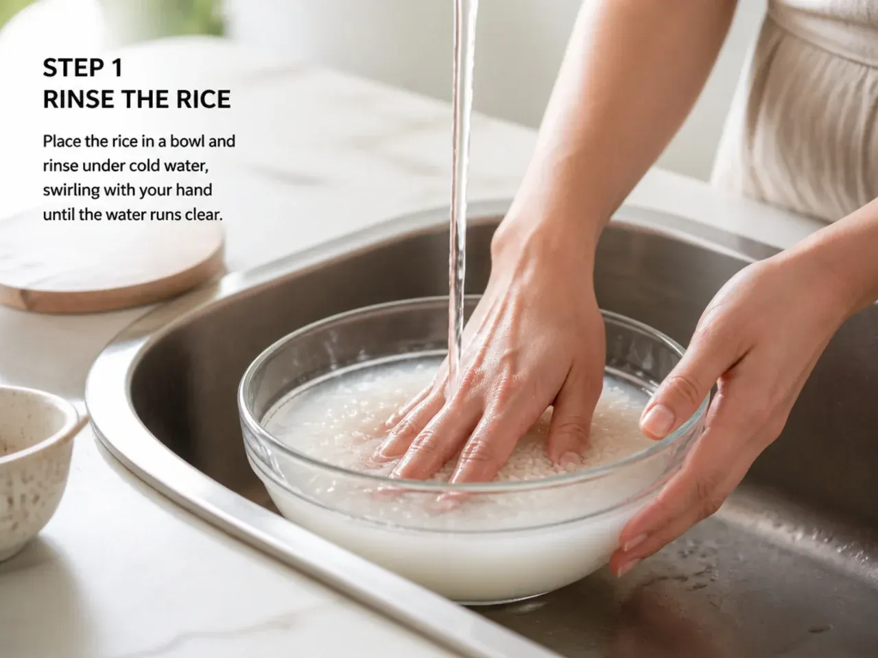 sushi bowl recipe — step 1: rinse the rice