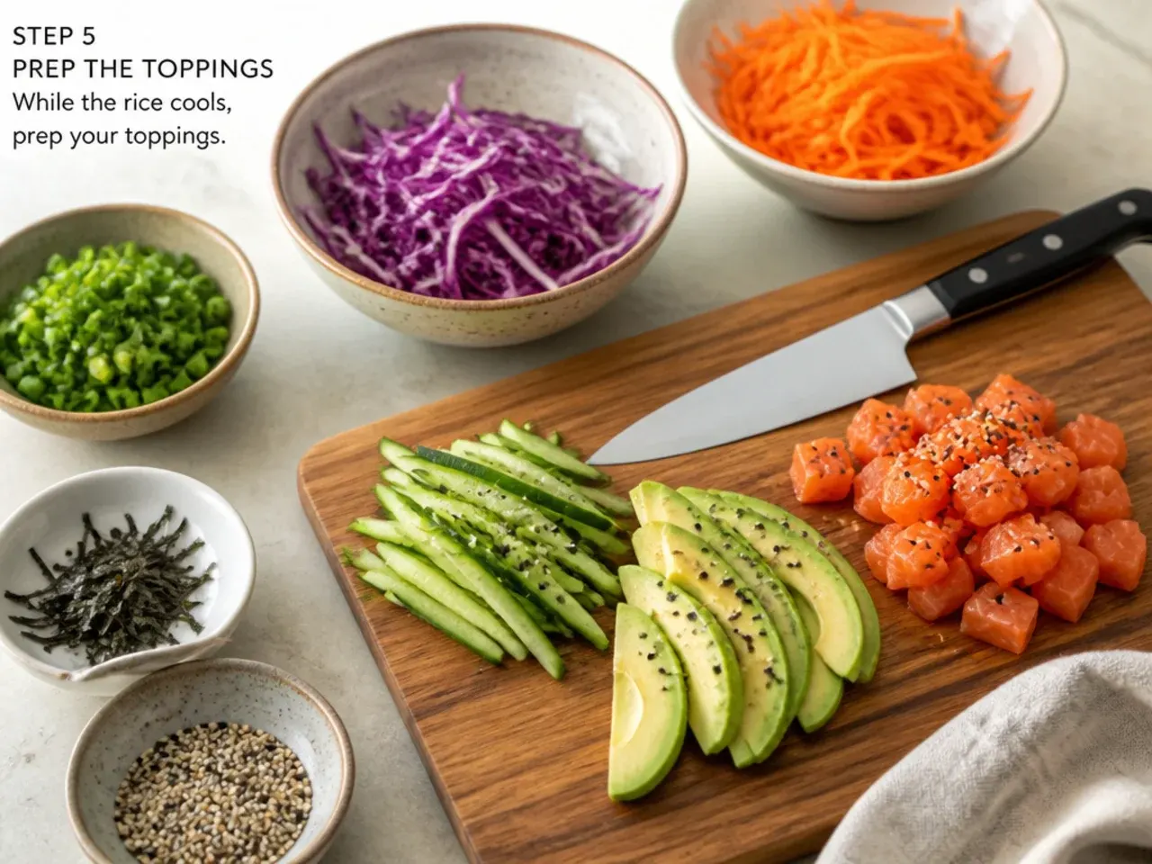 sushi bowl recipe — step 5: prep the toppings