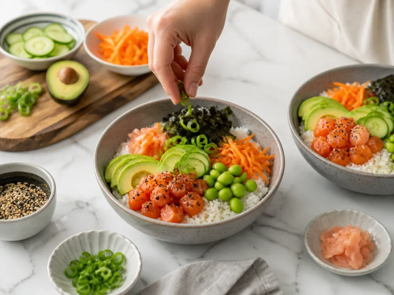 sushi bowl recipe — step 6: assemble the bowls