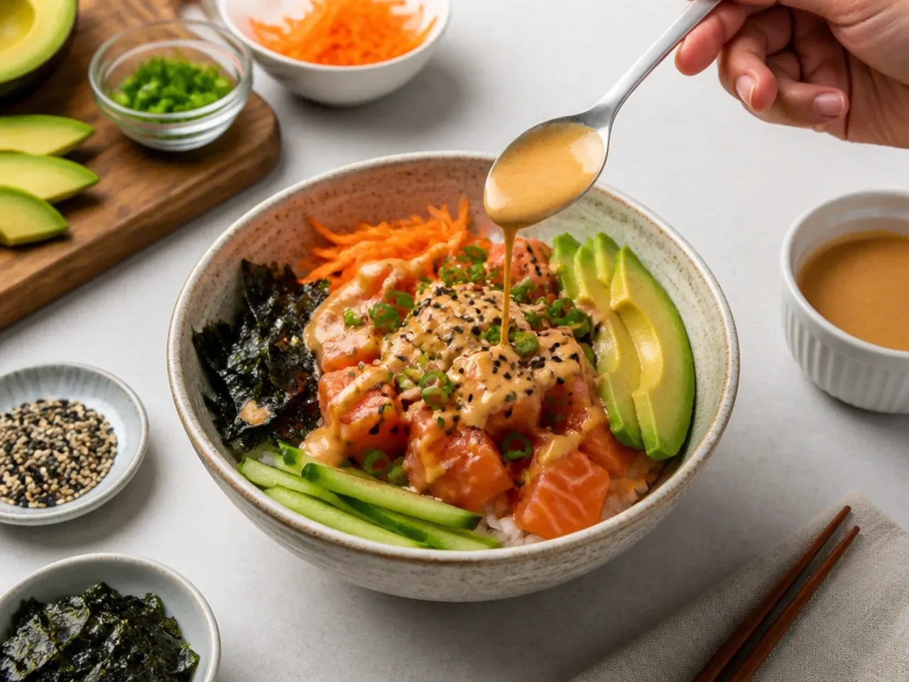 sushi bowl recipe — step 7: sauce, garnish and serve