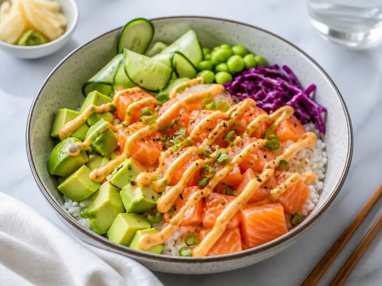 Assorted easy sushi bowls for dinner with seasoned rice, salmon, avocado and sriracha mayo