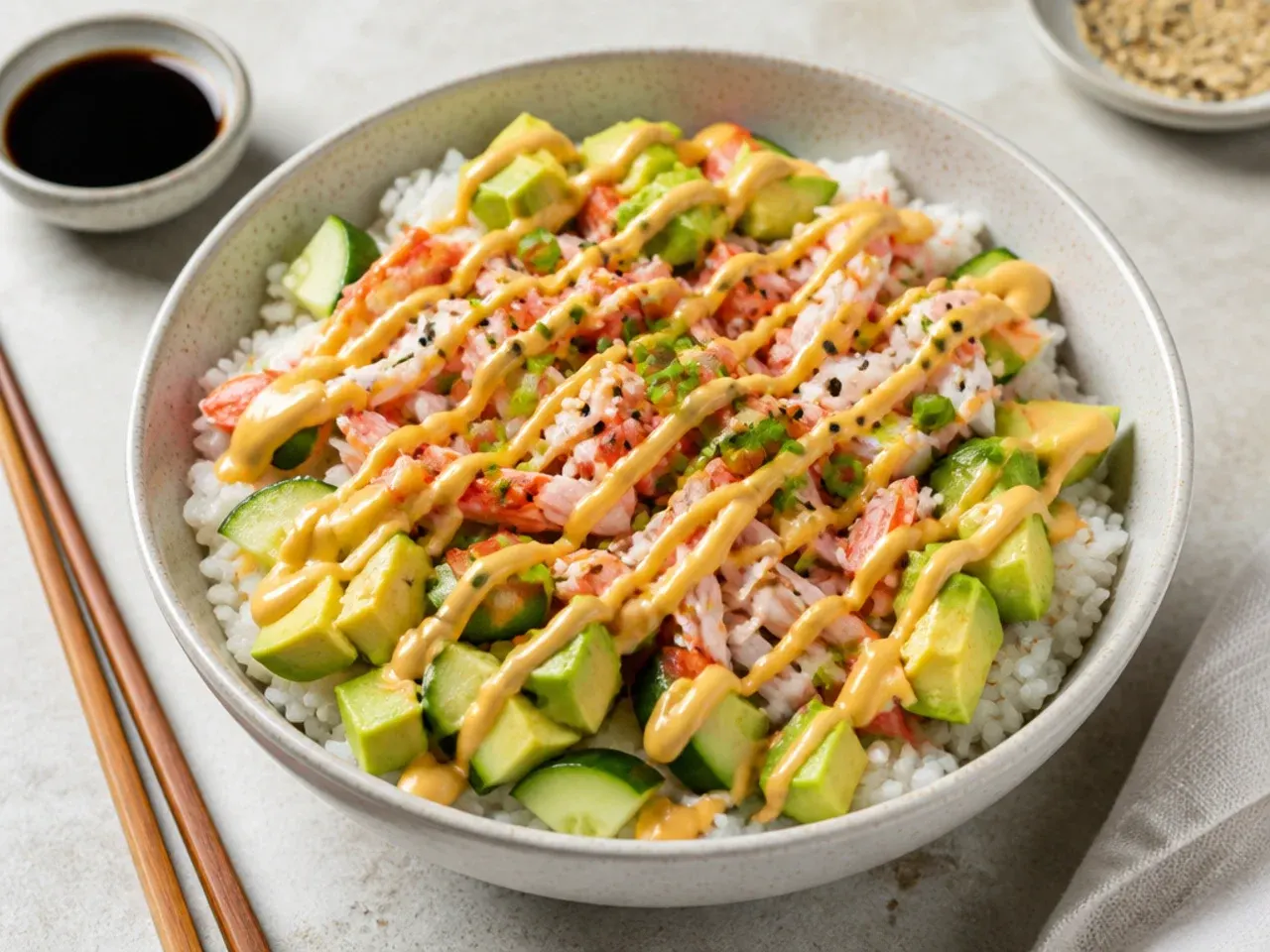 California roll sushi bowl with imitation crab, avocado, cucumber and sriracha mayo drizzle