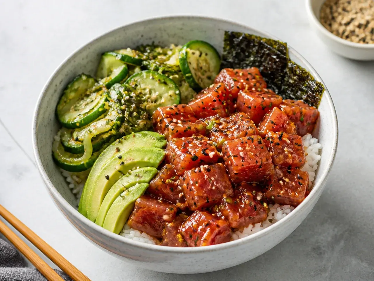 Spicy tuna sushi bowl recipe with cubed sashimi-grade tuna and marinated cucumber