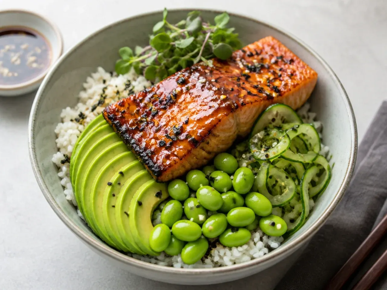Teriyaki salmon sushi bowl with glazed baked salmon, edamame and avocado over sushi rice