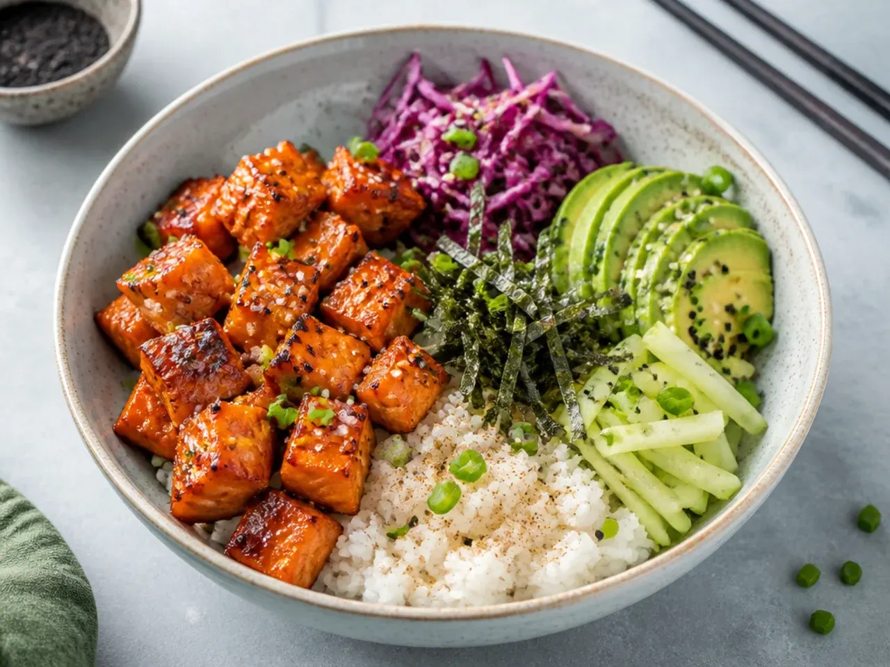 Air fryer salmon bites sushi bowl with caramelised salmon cubes and shredded cabbage