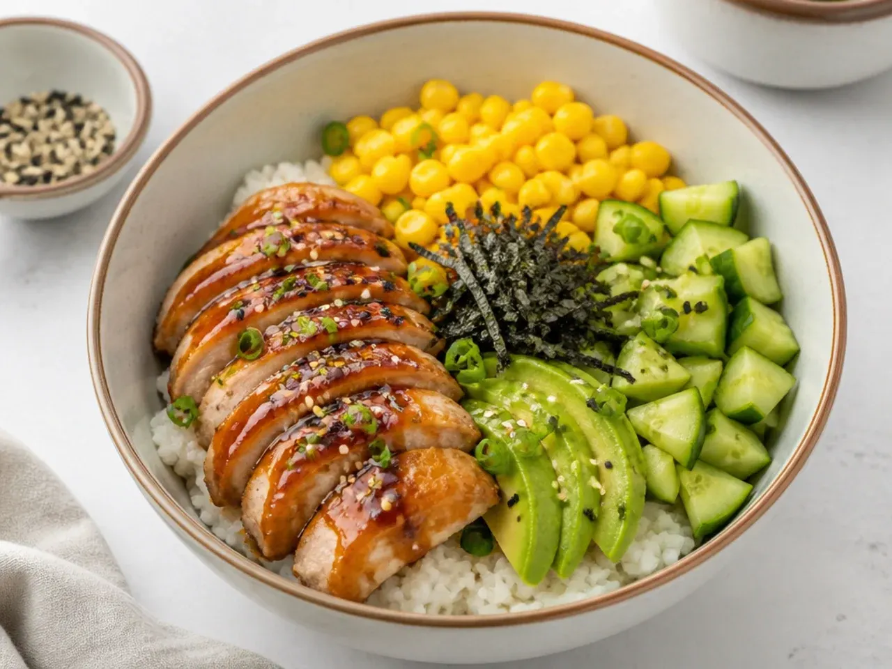 Chicken teriyaki sushi bowl for kids with glazed sliced chicken, sweetcorn and cucumber