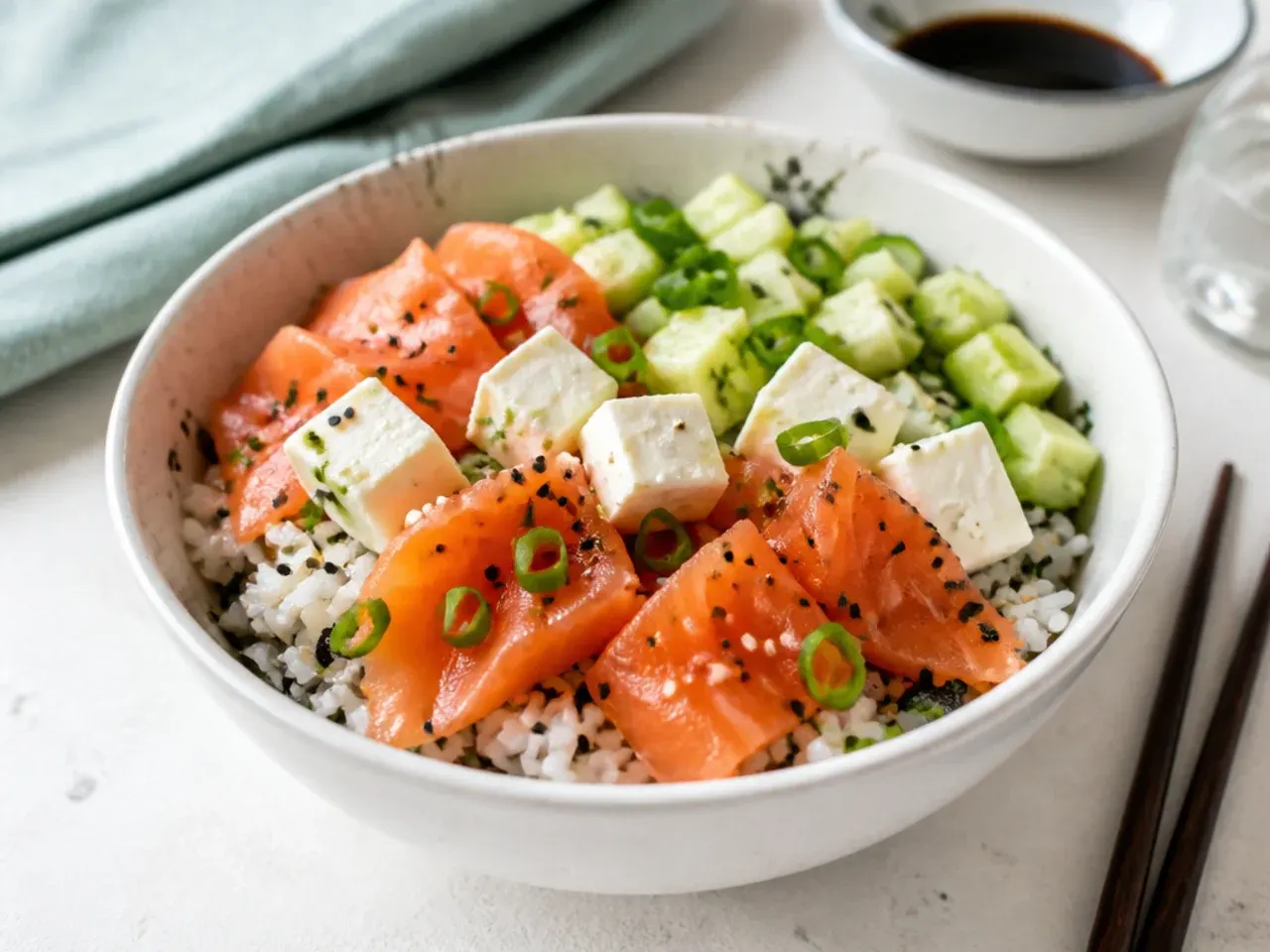 Philadelphia roll sushi bowl with smoked salmon, cream cheese cubes and cucumber