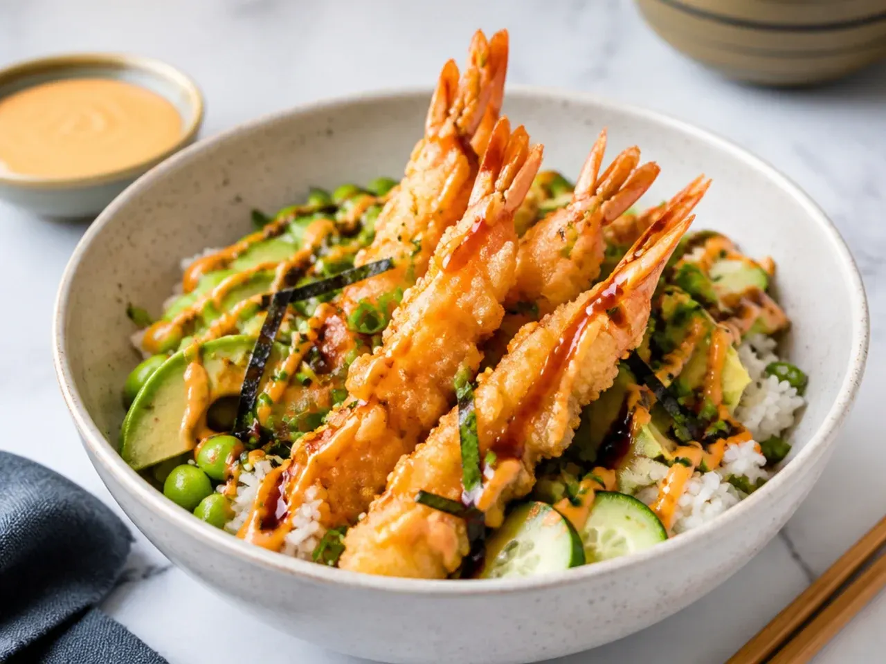 Shrimp tempura sushi bowl with crispy prawns, sriracha mayo and eel sauce drizzle