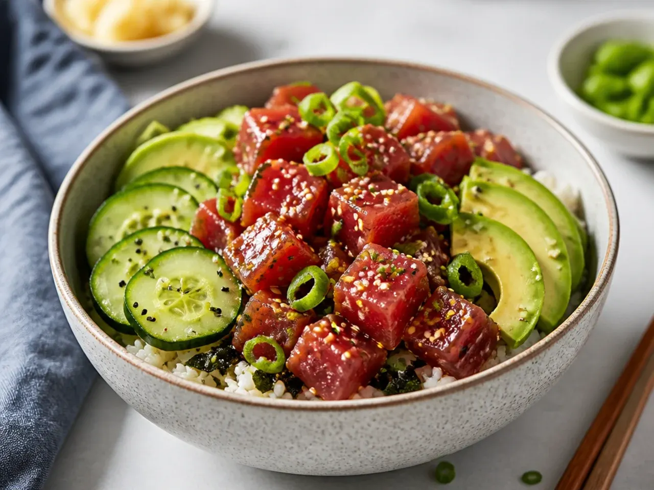 Hawaiian ahi poke sushi bowl with soy-marinated tuna cubes, spring onion and sesame