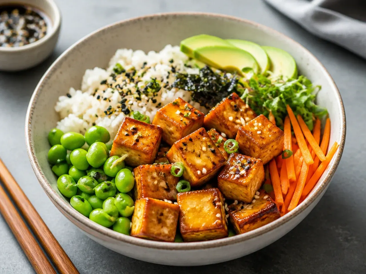 Vegan sushi bowl recipe with crispy baked tofu cubes, edamame and avocado
