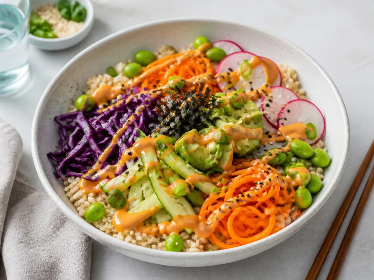 Rainbow vegetable brown rice sushi bowl with red cabbage, carrot, radish and edamame