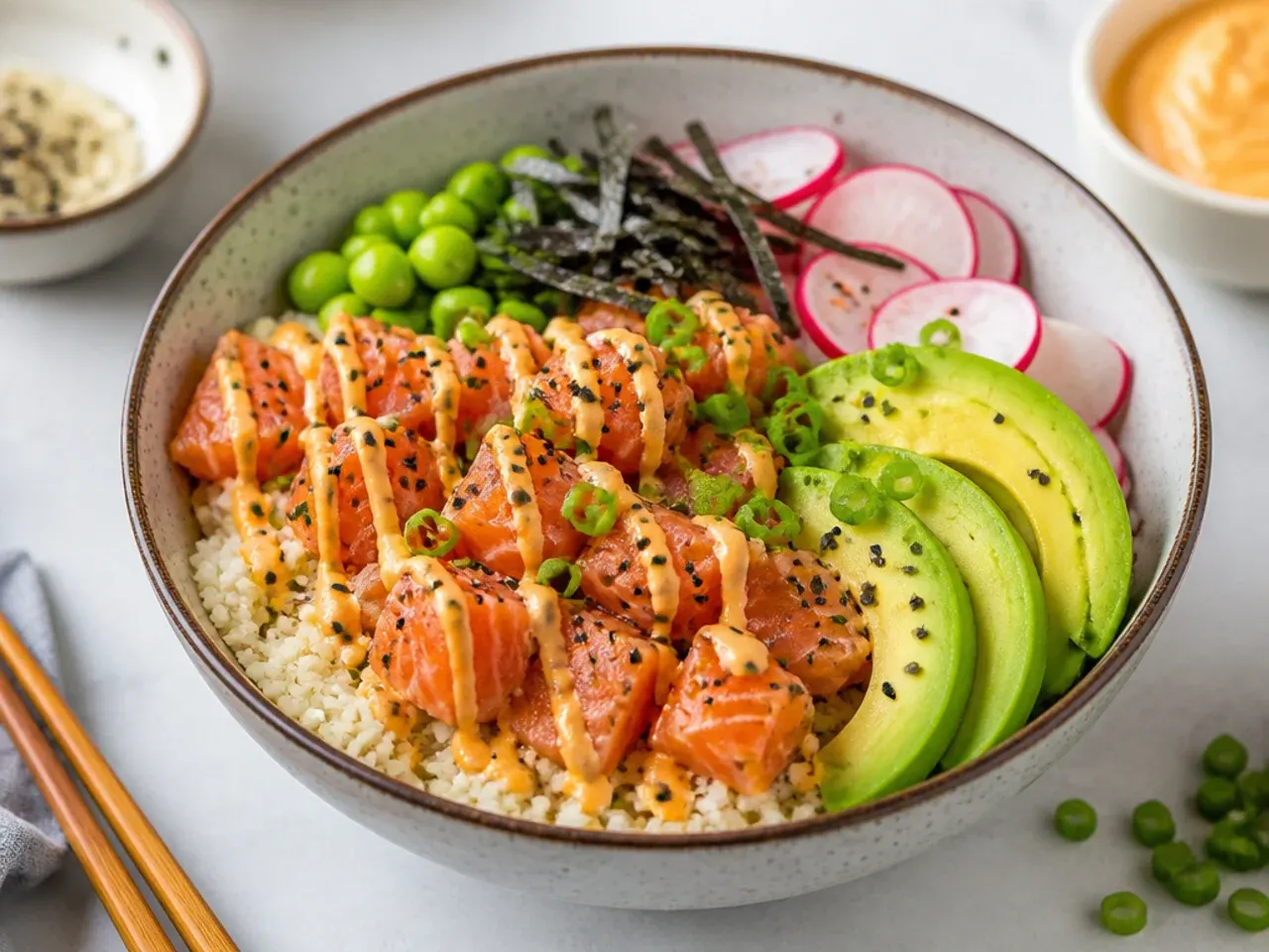 Low carb keto sushi bowl with cauliflower rice, salmon, avocado and spicy mayo