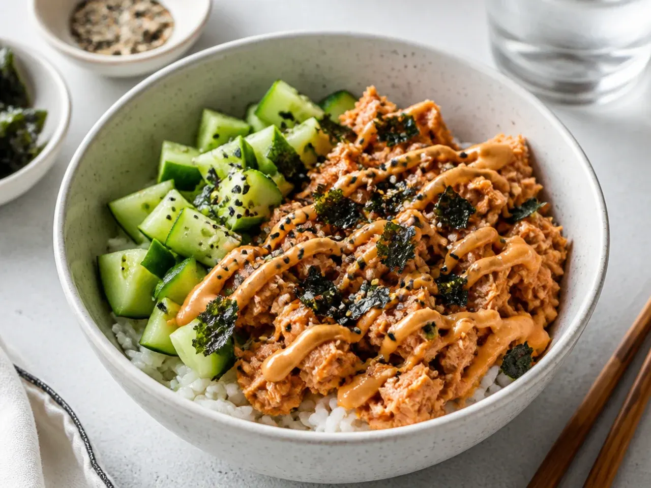 Budget spicy canned tuna sushi bowl with sriracha mayo, cucumber and crumbled nori