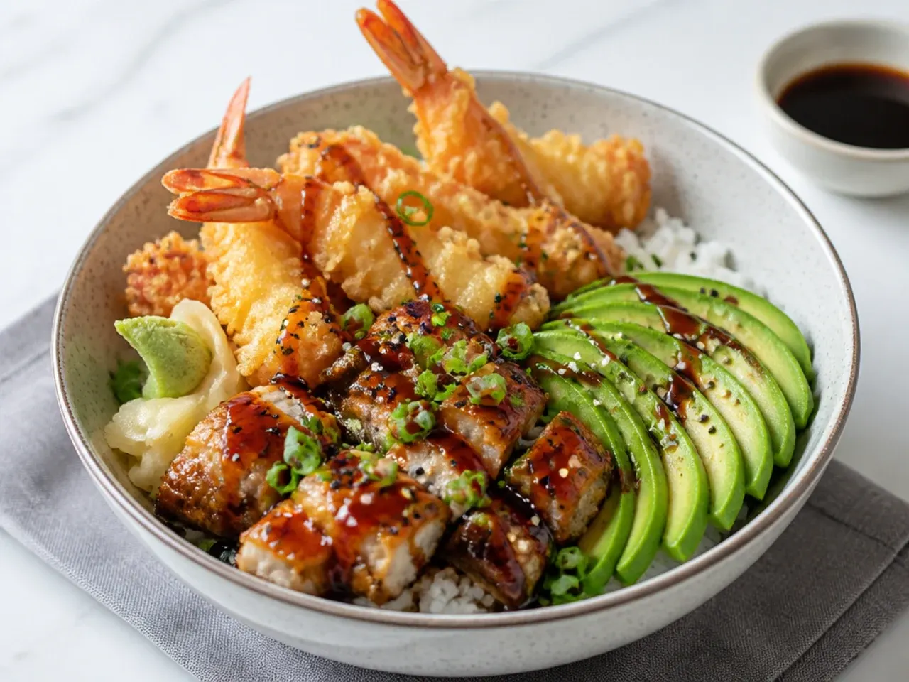 Dragon roll sushi bowl with fanned avocado, tempura prawns and homemade eel sauce