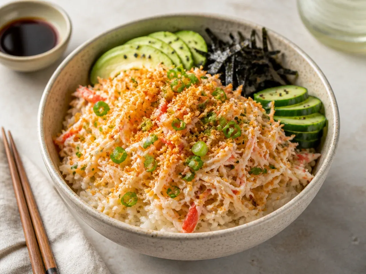 Spicy kani crab salad sushi bowl with creamy shredded crab and toasted panko