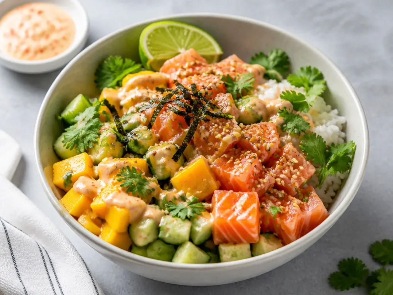 Salmon and mango sushi bowl with lime chilli mayo, cucumber and coriander