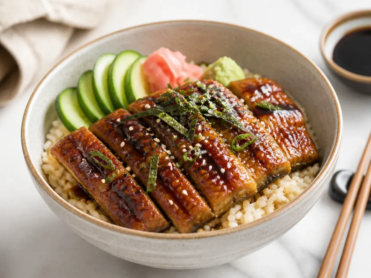 Unagi donburi style sushi bowl with glazed grilled eel over seasoned rice
