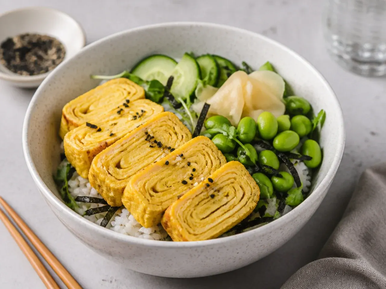 Vegetarian tamagoyaki sushi bowl with sweet rolled Japanese omelette slices