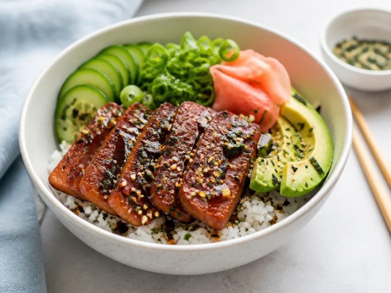 Spam musubi sushi bowl with glazed crispy Spam strips and furikake seasoning