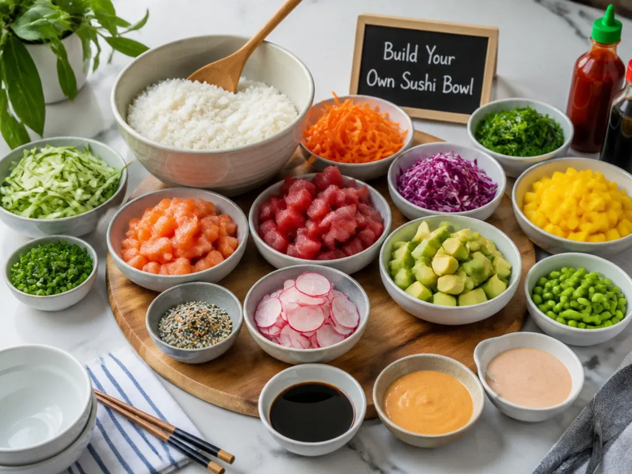 Build your own sushi bowl bar with bowls of rice, toppings and sauces for a party