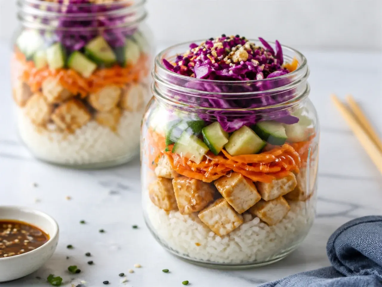 Meal prep sushi bowls layered in glass jars with rice, chicken and vegetables