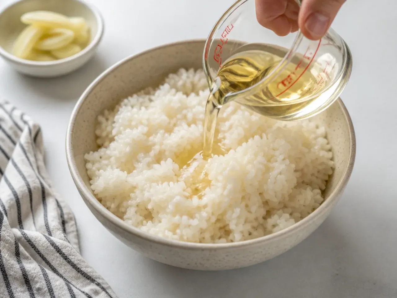 Seasoning warm sushi rice with rice vinegar for homemade sushi bowls
