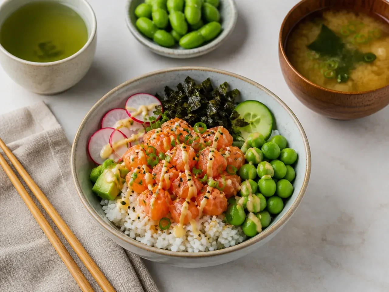 Sushi bowl dinner served with miso soup, edamame and green tea