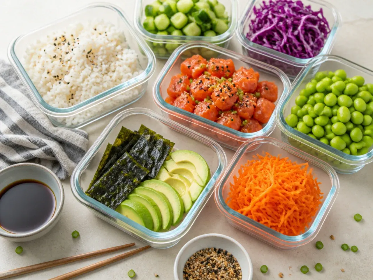 Sushi bowl meal prep components stored in airtight containers for the fridge